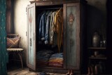 Fototapeta  -  a large metal cabinet with a bunch of clothes in it and a chair in the corner of the room next to it and a window.  generative ai