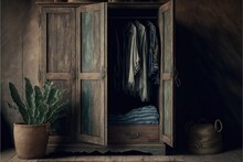  A Wooden Cabinet With A Plant And Clothes Hanging On It's Doors And A Basket With Clothes On It And A Potted Plant In Front Of It.  Generative Ai