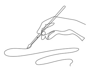 Hand holds painting brush, one line art template, hand drawn continuous contour.Palm with fingers drawing concept.Editable stroke.Isolated. Vector illustration