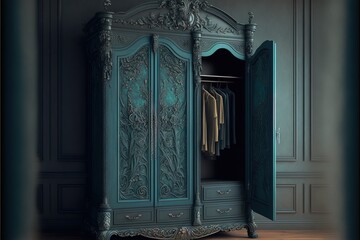 Wall Mural -  a blue armoire with a bunch of clothes hanging on it's doors and a mirror on the wall behind it that is reflecting the room.  generative ai