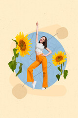 Wall Mural - Photo collage minimal artwork ukraine concept attractive woman celebrate summertime sunflowers growing symbol freedom isolated on yellow background