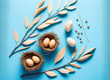 A Blue Background With Two Eggs In A Nest And Two Leaves On The Side Of The Image, And A Few Other Eggs In A Nest.  Generative Ai