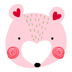 Wall Mural - Illustration of the face of a teddy bear with the muzzle and ears like a heart, Valentine's illustration. Vector drawing