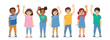 © Volha Hlinskaya - Smiling kids boys and girls waving hands set isolated vector illustration. Multiethnic little children.