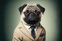 Portrait Of A Pug Dog In Fashionable Business Suit, Generative AI