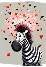Happy Zebra In A Firework Of Hearts. Valentine's Day. AI Generated