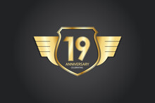 19 Years Anniversary Logotype 3D Golden Stylized Modern Shape Winged Shield On Black Background