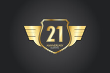 21 Years Anniversary Logotype 3D Golden Stylized Modern Shape Winged Shield On Black Background