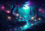 Fototapeta Kosmos - Fantasy illustration of magical fairy tale forest with fireflies