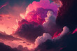 An illustration of a pink sky with fantasy pink clouds in it. Created with Generative AI