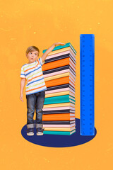 Poster - 3d retro abstract creative collage artwork template of little child boy measuring arm book stack isolated painting background