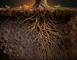 Tree roots growing underground, soil section side view. Generative AI illustration