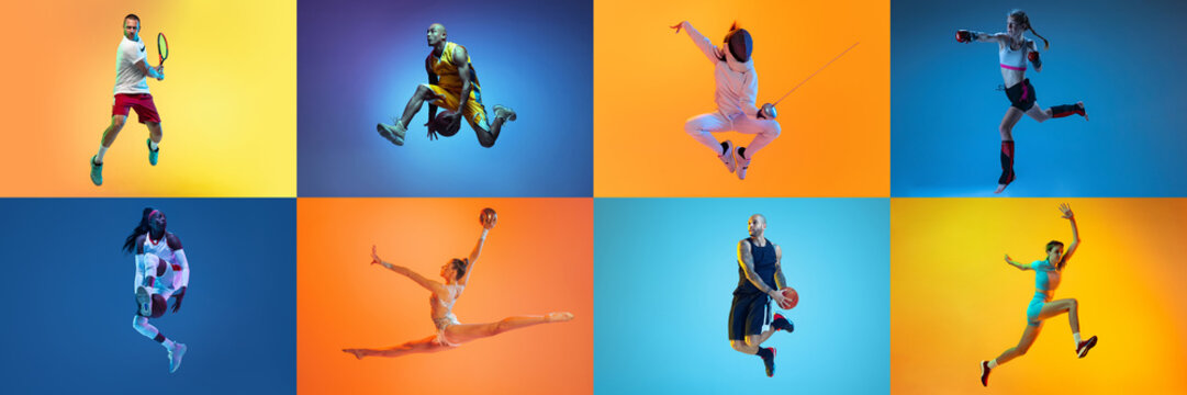 collage. dynamic shots of different people in a jump, training isolated over multicolored background