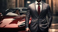 A Rich Guy In Formal Business Suit Which Is Standing In Front Of A Supercar, Successful Businessman Concept. Generative Ai Image.