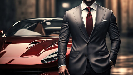 a rich guy in formal business suit which is standing in front of a supercar, successful businessman 