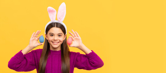 Canvas Print - easter spring holiday. happy teen girl wear bunny ears. Easter child horizontal poster. Web banner header of bunny kid, copy space.