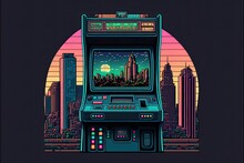 Pixel Art Slot Machine, Arcade With City Background In Retro Style For 8 Bit Game, Generative AI