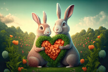 Cute Pair Of Rabbits Holding A Heart-shaped Carrot And Celebrating Valentine's Day In A Lush Meadow Filled With Flowers. Generative Ai