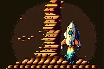 Wall Mural - Pixel art rocket and stack of coins, startup concept, background in retro style for 8 bit game, Generative AI