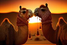 Pair Of Camels Dressed In Traditional Attire, Enjoying A Romantic Desert Sunset Together On Valentine's Day. Generative Ai