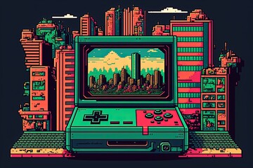 Wall Mural - Pixel art old video game console in cityscape, background in retro style for 8 bit game, Generative AI