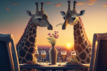 Pair Of Giraffes Enjoying A Romantic Sunset Dinner On A Rooftop Terrace On Valentine's Day. Generative Ai