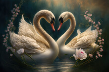 Romantic Pair Of Swans Gliding Gracefully On A Pond, Celebrating Valentine's Day With A Romantic Dance. Generative Ai