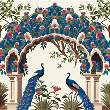 Traditional Mughal Garden, Arch, Peacock, Plant And Bird Illustration. Generating Ai.