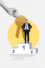 Sticker - Vertical collage picture of black white colors arm fingers hold first place champion award mini guy stand podium isolated on creative background