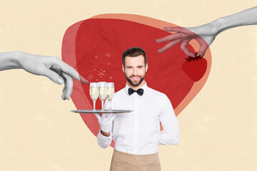 Composite collage image of two black white gamma arms fingers touch alcohol glass hold strawberry mini positive waiter guy serving tray