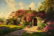 Warm Beautiful Vintage Oil Painting Of Cottage Style Ham Exterior Landscape With Daylight Plants And Flowers Made With Generative Ai