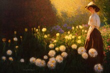 Beautiful Cozy Vintage Oil Painting Of Woman In Field Of Flowers Cottage Mountains At Golden Hour Antique Rococo Inspired Made With Generative Ai