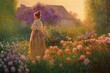 Vintage oil painting of woman standing in garden surrounded by flowers Made with Generative Ai