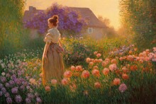 Vintage Oil Painting Of Woman Standing In Garden Surrounded By Flowers Made With Generative Ai