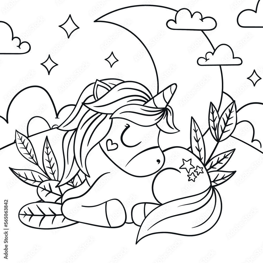 Printable Cute Unicorn Coloring Page for Kids Stock Illustration