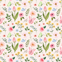 Cute Floral Seamless Pattern. Watercolor Pretty Spring Flowers, And Butterflies On A Pastel Pink Background. Botanical Wallpaper.