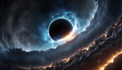 Wall Mural - Black Hole in Space destroying a planet system, panorama fantasy galaxy background, Illustration generative ai 