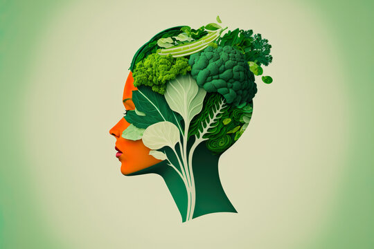illustration of women's head with green vegetables instead of a hair. concept of mental health and h