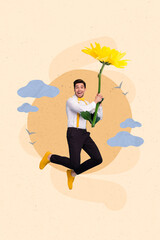 Sticker - Creative retro 3d magazine collage image of smiling happy guy flying yellow flower isolated painting background