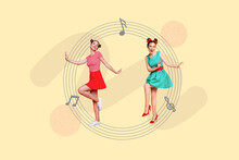3d Retro Abstract Creative Collage Artwork Template Of Smiling Happy Ladies Dancing Having Fun Together Isolated Painting Background