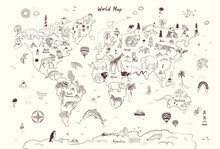 Animals World Map Line Vector Illustration.