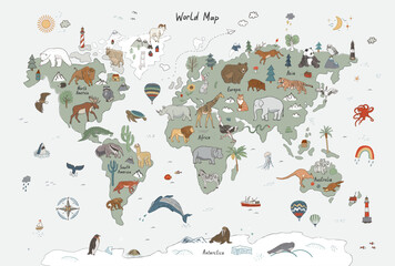 animals world map vector illustration.