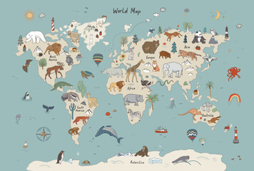 Animals world map vector illustration.