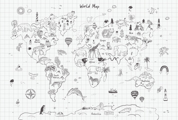 animals world map line vector illustration.