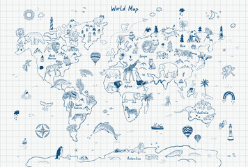animals world map line vector illustration.