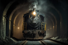 Steam Locomotive In A Coal Mine Underground. Mineral Resources For Transportation.