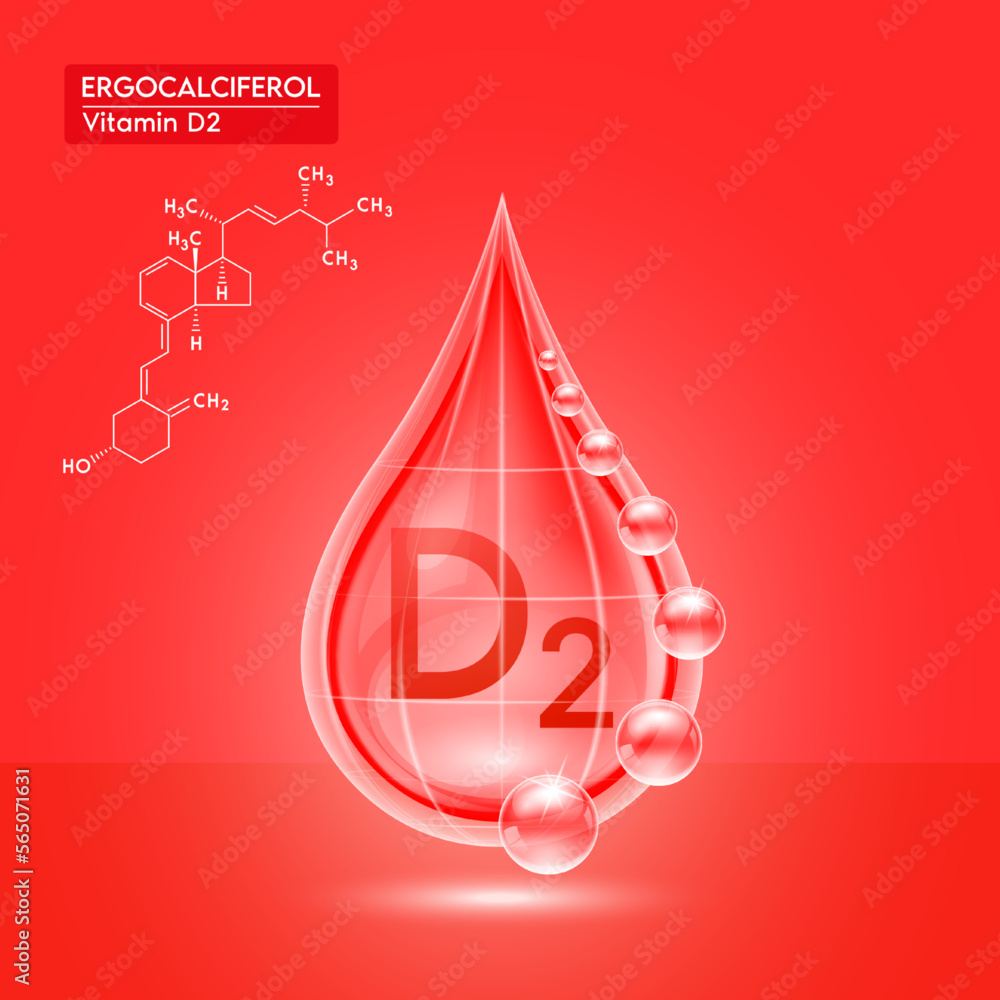 Red shine vitamin D2 water drop with oxygen bubble net around and Red shine vitamin D2 water drop with oxygen bubble net around and