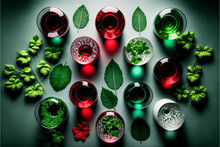 A Bird's Eye View Of A Diverse Selection Of Wine Glasses, Including Red, White, And Sparkling, Artfully Arranged On A Table, With A Background Of Lush Green Leaves. Generative AI