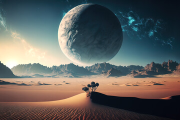 Planet over the desert, sunset, red planet. AI