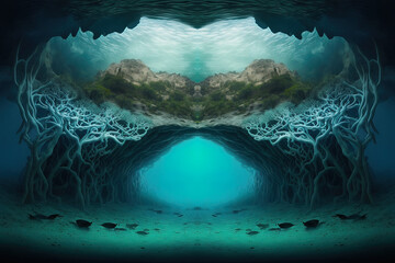 Wall Mural - Seascape, gorge flooded with water. Sea wave. Underwater cave at the bottom of the ocean. AI